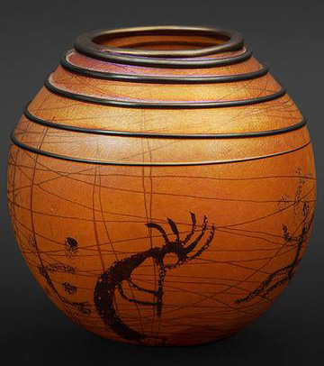 Petroglyph Golden Brown Basket Vase by Richard Satava, Hand-blown Glass Artist, Bay Area, CA, USA