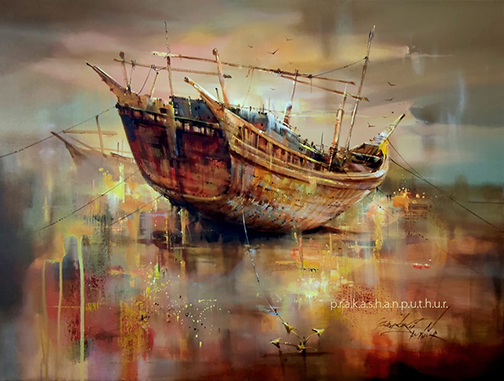 A boat, Acrylic on Canvas by Prakashan Puthur, Painter, Artist, India