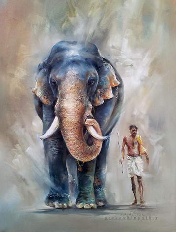A man walking an elephant, Acrylic, by Prakashan Puthur, Painter, Artist, India