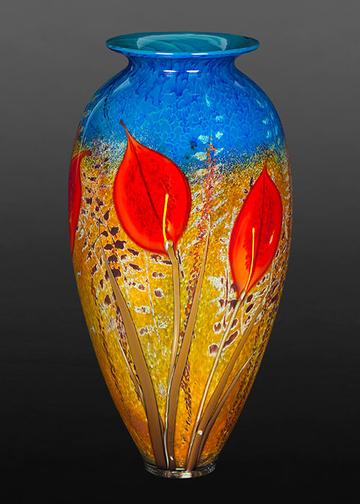 Red Lily on Blue Meadow Vase by Richard Satava, Hand-blown Glass Artist, Bay Area, CA, USA