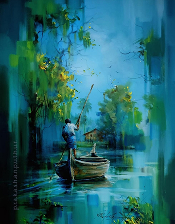 A man rowing a boat, Acrylic on Canvas, by Prakashan Puthur, Painter, Artist, India