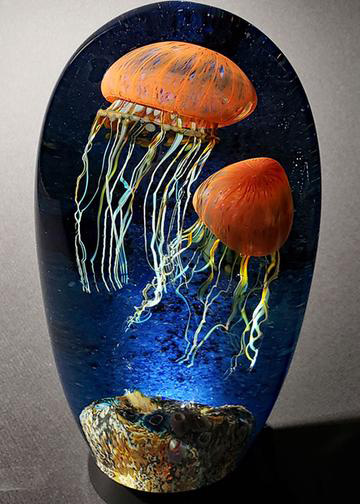 Double Pacific Coast Jellyfish Seascape by Richard Satava, Hand-blown Glass Artist, Bay Area, CA, USA