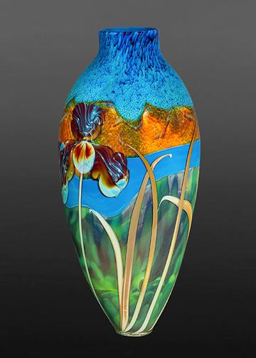 Wild Iris Flask by Richard Satava, Hand-blown Glass Artist, Bay Area, CA, USA