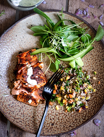 Potlatch Salmon with Lentil Quinoa Pilaf & Watercress Salad by Meera Nalvadi, Food Blogger, Food Specialist, William Sonoma, India, USA