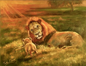 Father and Son, Painting of Lions by T. L. Liang, Painter, Artist, CA, USA