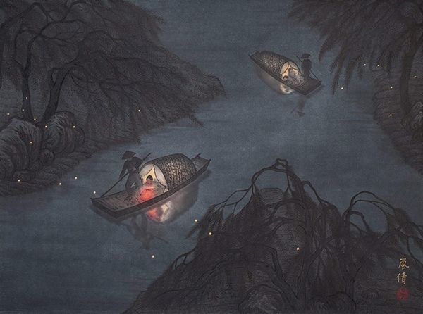 "Fireflies at Nightfall" by Wu Lan-Chiann, painter, artist, Taiwan, USA