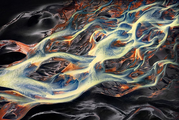 "Dragonfire". Aerial photograph of the braided rivers of Southern Iceland by Mieke Boynton, Aerial/Landscape Photographer, Australia