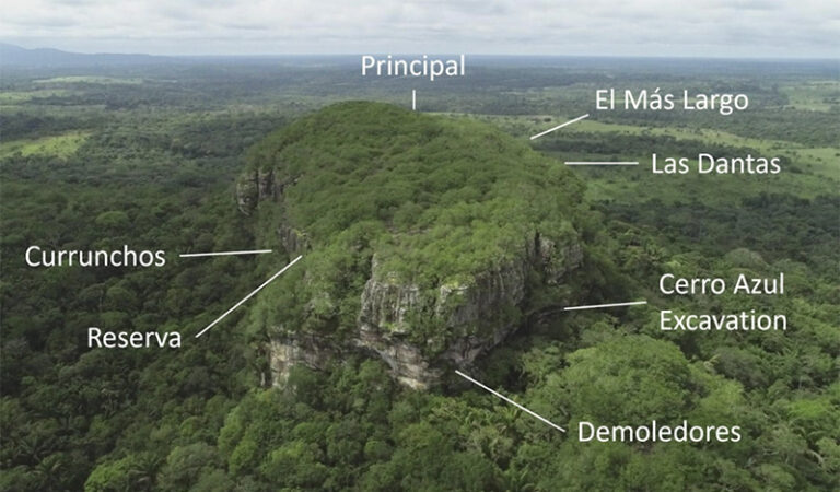 An overview of Cerro Azul highlighting the locations of the rock art panels and excavation site examined in this study by Dr. Mark Robinson, Enviornment Archeologist, England