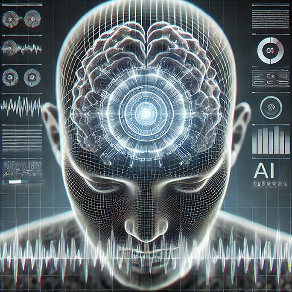 An artistic representation of AI-driven EEG analysis for dementia diagnosis. This image visualizes the use of AI in enhancing EEG analysis for early dementia detection, as developed by Mayo Clinic researchers. It symbolizes the integration of AI with traditional brain wave monitoring to identify cognitive disorders more effectively and efficiently.