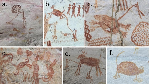 Depictions of possible a) fishing; b, c, e) hunting scenes; d) a sequence of a monkey leaping/transforming; and f) an unidentified animal with circular feet and a curved head by Dr. Mark Robinson, Enviornment Archeologist, England