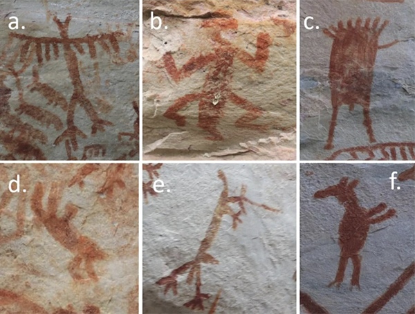 sloth/human form at Demoledores, e) unknown quadruped with a tail and penis at Reserva, f) deer/human figure at Principal by Dr. Mark Robinson, Enviornment Archeologist, England