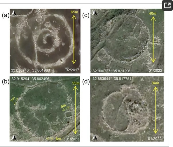 Satellite view of Rujm el-Hiri across multiple time periods. Images from Pleiades satellites (CNES/Airbus) via Google Earth Pro. Altitude: 460m, zero tilt by Dr. Lev Eppelbaum, Archeologiest, Israel