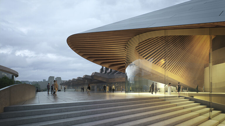 The theatre is embraced by a vibrant public plaza designed for community gathering by Bjarke Ingels Group (BIG), Architecture firm, UK