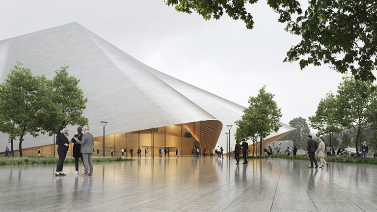 The Opera and Ballet Theatre of Kosovo features a sinuous, wave-like roof designed by BIG by Bjarke Ingels Group (BIG), Architecture firm, UK