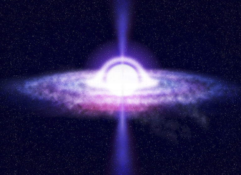 Theoretical visualization of a white hole phenomenon—the hypothetical time-reversal of a black hole where matter and energy would be expelled rather than absorbed. Image created through computational modeling based on Einstein's field equations.