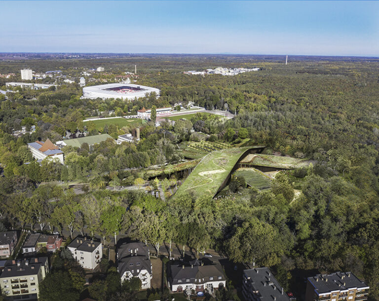 Aerial view of the Hungarian Natural History Museum, architectural rendering created by Bjarke Ingels Group