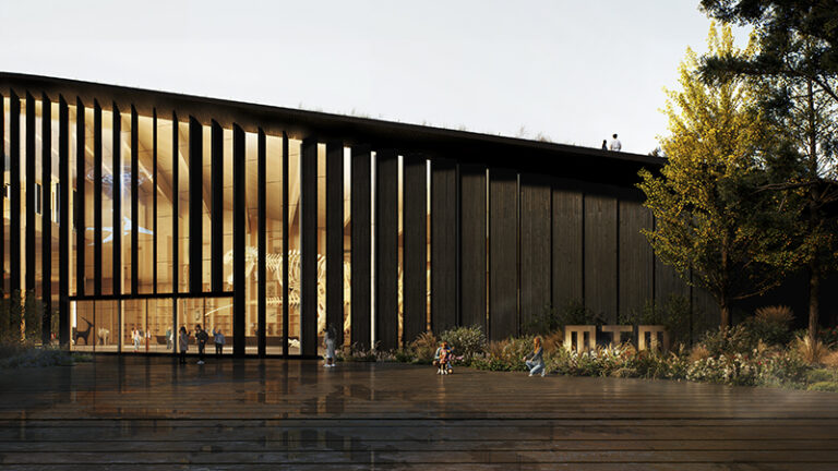 The exterior will be clad in charred timber, as shown in this architectural rendering by Bjarke Ingels Group
