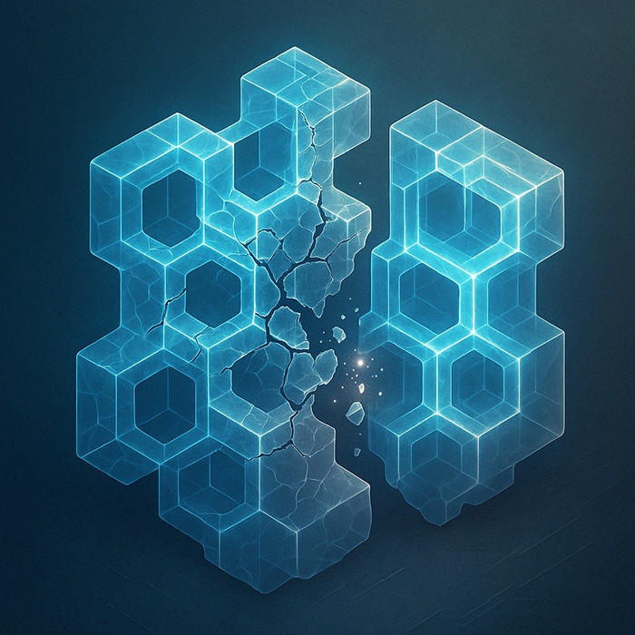 The image depicts a glowing blue hexagonal crystal structure with one side perfectly intact and the other side fracturing yet seemingly self-healing. This visualization represents Dr. Panče Naumov and his NYU Abu Dhabi research team's groundbreaking discovery of self-healing crystals—challenging traditional views of crystals as merely rigid and brittle materials. Small light particles emanate from the healing zones, illustrating this remarkable scientific breakthrough.