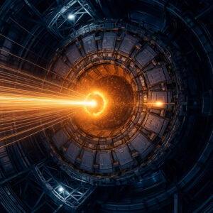 Artistic visualization of the electromagnetic forces at play during ultra-peripheral collisions at CERN's Large Hadron Collider, where lead ions traveling at near-light speed generate intense photon bursts capable of nuclear transmutation. The glowing energy streams represent the moment when physics transforms lead into gold through pure electromagnetic interaction, bringing ancient alchemical dreams into the realm of quantum reality.