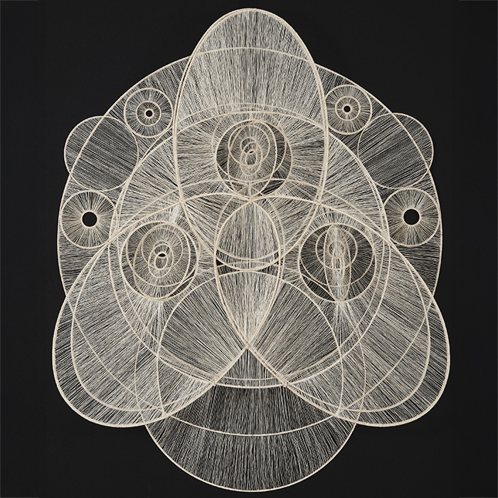 The Divinatory Line Series 5, 2024 This collection unites ancient wisdom with contemporary vision, translating universal complexities into abstract totems. Inspired by the I Ching, the woven lines and structures create a visual language of cosmic intersections where space, time, and motion converge. Each piece mirrors the dynamic rhythms of the universe, similar to how trigrams and hexagrams condense vast principles into elegant forms. Through intricate weaves and geometric patterns, these works offer meditation on creation, dissolution, and the fundamental forces shaping reality by Wanbing Huang
