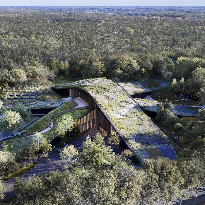 Aerial view of the Hungarian Natural History Museum, architectural rendering created by Bjarke Ingels Group