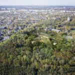 Aerial view of the Hungarian Natural History Museum, architectural rendering created by Bjarke Ingels Group