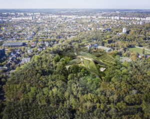 Aerial view of the Hungarian Natural History Museum, architectural rendering created by Bjarke Ingels Group