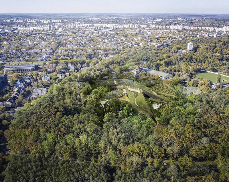 Aerial view of the Hungarian Natural History Museum, architectural rendering created by Bjarke Ingels Group