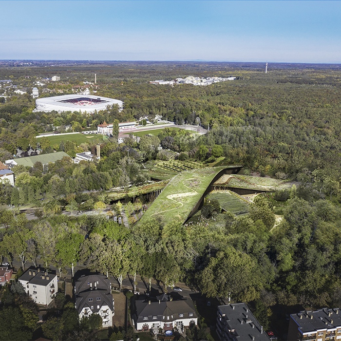 Aerial view of the Hungarian Natural History Museum, architectural rendering created by Bjarke Ingels Group