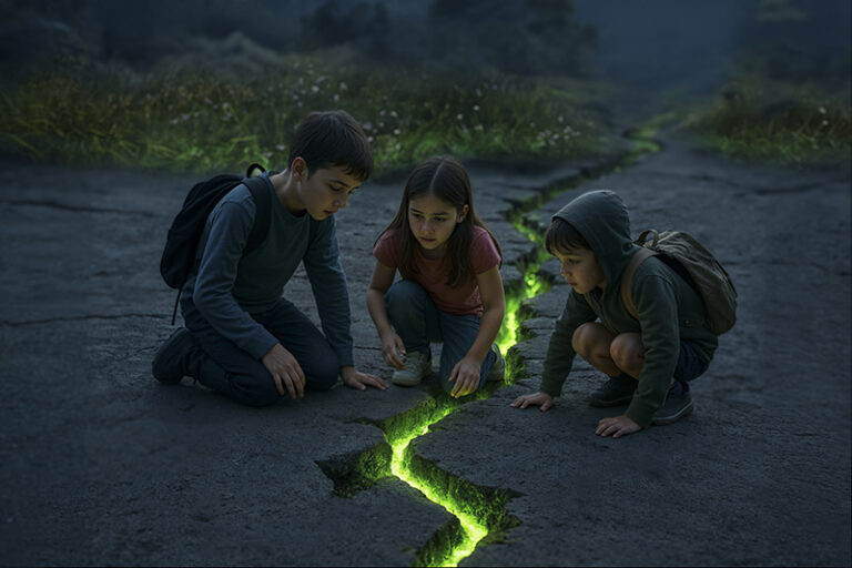 This glowing incision connects the three plazas as unifying connective tissue.