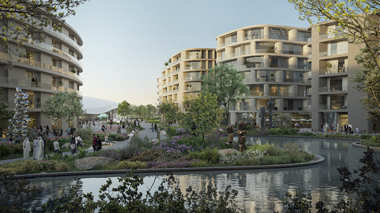 The Khalid Bin Sultan City emphasizes pedestrian-friendly design with abundant landscaping and water elements