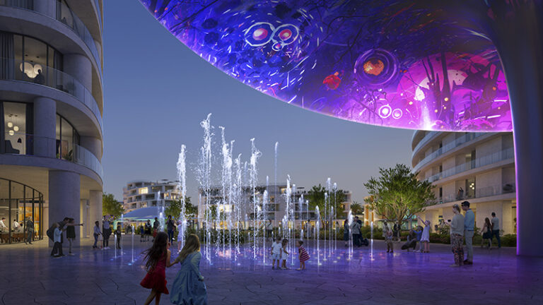 Pedestrian pathways form the city's backbone, shaded by indigenous trees and plants alongside strategically recessed façades