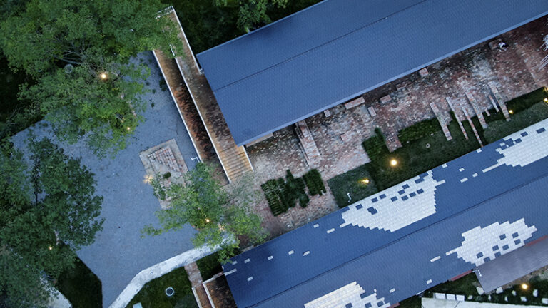 The Floating Seeds Project: Mottled red bricks on the ground and solid and void roof tiles form a shared spatial sequence