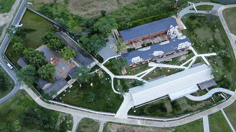 The Floating Seeds Project: Relationship between the building and surrounding park, farmland, and forest, Qinglong Lake Wetland in Chengdu Ring City Ecological Park, China