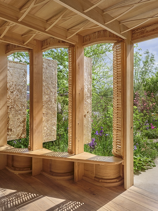 Locally sourced wood and mycelium construction detail from Studio Weave's Intelligent Garden pavilion, Chelsea Flower Show 2025. Designed by Studio Weave in collaboration with Tom Massey and Je Ahn.