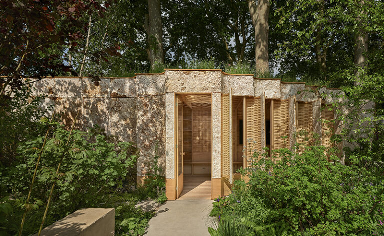 Studio Weave's Intelligent Garden pavilion, inspired by traditional garden shed architecture, Chelsea Flower Show 2025. Designed by Studio Weave in collaboration with Tom Massey and Je Ahn