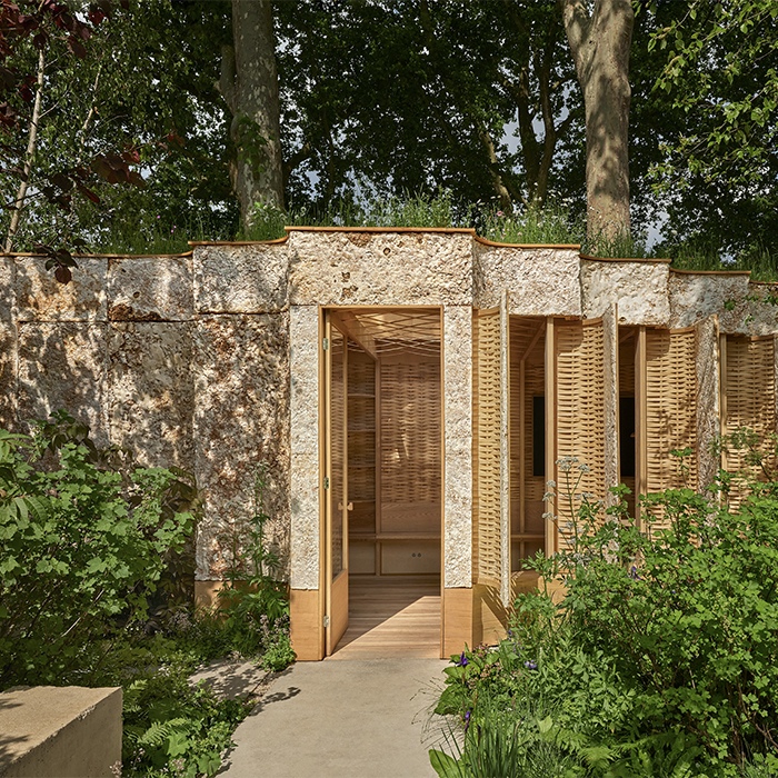 Studio Weave's Intelligent Garden pavilion, inspired by traditional garden shed architecture, Chelsea Flower Show 2025. Designed by Studio Weave in collaboration with Tom Massey and Je Ahn.