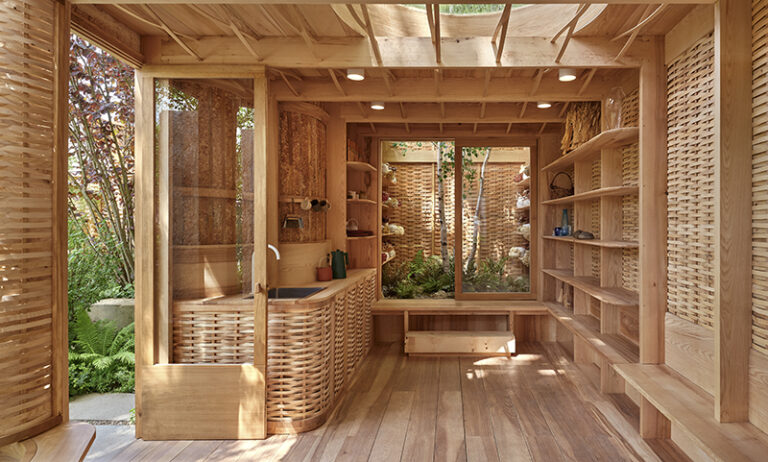 The kitchenette area of Studio Weave's Intelligent Garden pavilion, Chelsea Flower Show 2025. Designed by Studio Weave in collaboration with Tom Massey and Je Ahn.