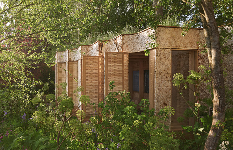 Fluted mycelium facade of Studio Weave's Intelligent Garden pavilion at Chelsea Flower Show 2025. Designed by Studio Weave in collaboration with Tom Massey and Je Ahn.