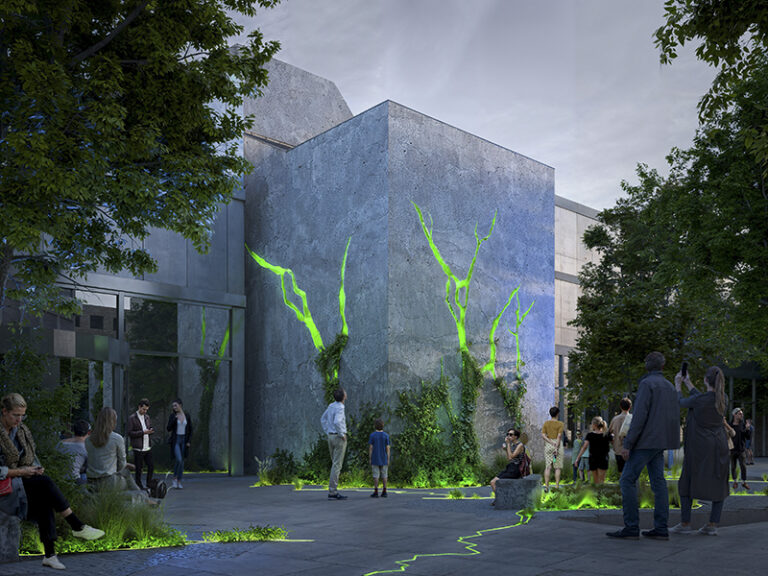 Vertical wayfinding element extending the crack design upward.