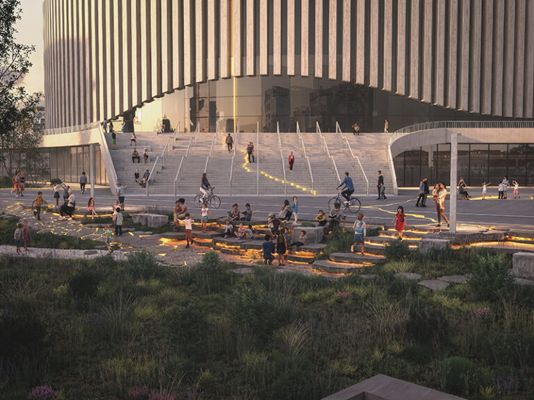 The Impact at Fields Mall plaza starts with two sculptural installations. Image renderings: