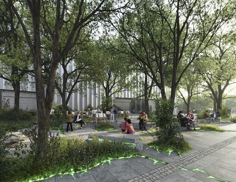 Sunken green 'rooms' with lush vegetation, stone surfaces, and warm microclimates.