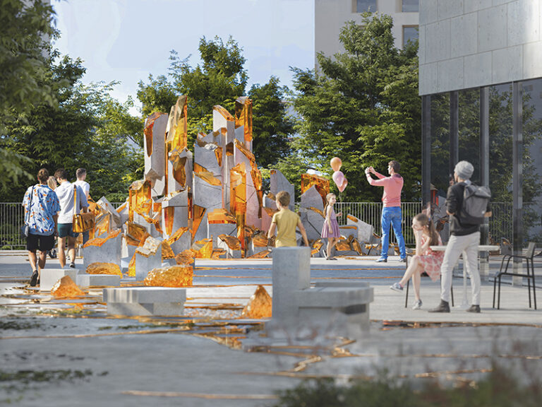 A sculpted urban void transformed into a dynamic gathering space.