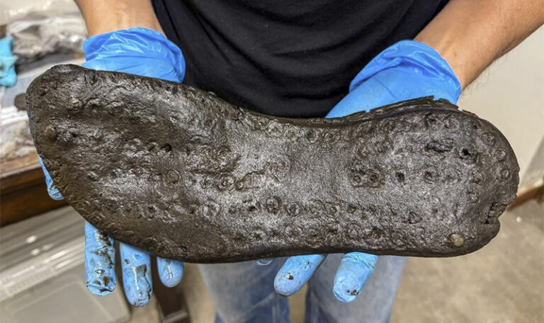 A leather sole measuring approximately 12.8 inches (32.6 cm) in length represents the largest specimen discovered at Magna Fort