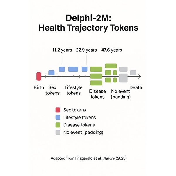 Delphi-2M health trajectory tokens across the lifespan. Pink/red indicates sex tokens, blue lifestyle tokens, green disease tokens, and gray no event (padding) tokens. Ages are annotated at key points from birth to death. This schematic illustrates how the model encodes longitudinal health events for prediction. Adapted from Fitzgerald et al., Nature (2025)