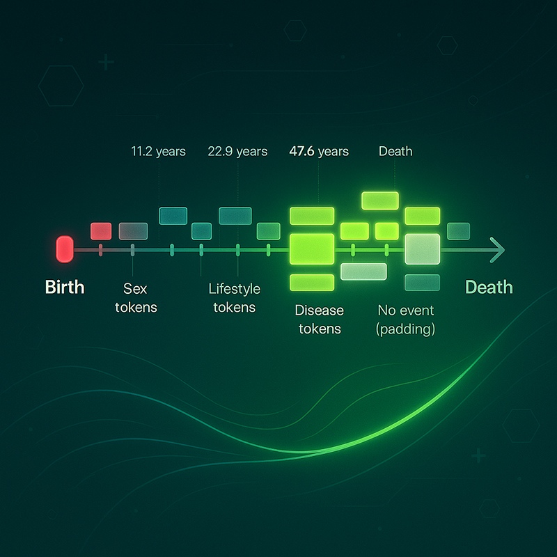 Schematic timeline of Delphi-2M health trajectory tokenization from birth to death. Red indicates sex tokens, blue represents lifestyle tokens (such as smoking or BMI), green shows disease tokens, and gray marks no event (padding) tokens. Key age markers (11.2, 22.9, 47.6 years) demonstrate how disease tokens accumulate in later life stages, illustrating the model's framework for learning health event patterns.
