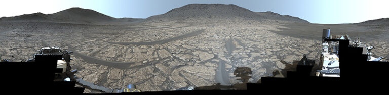 Bright Angel in 360 degrees. Perseverance’s Mastcam Z captured this enhanced color panorama on June 12, 2024, Sol 1178, from 346 stitched images. Cheyava Falls sits slightly right of center about 110 meters from the rover, whose mast appears in silhouette at bottom center.