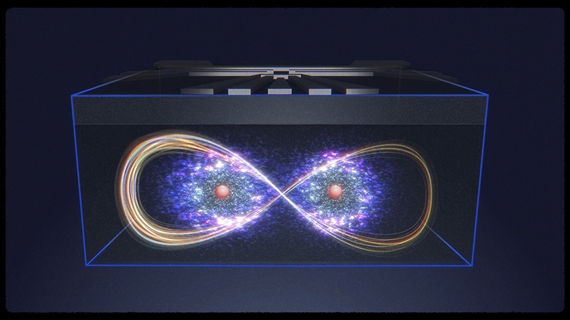 Artist's visualization of remotely entangled nuclear spins coupled via electron-mediated geometric gates.