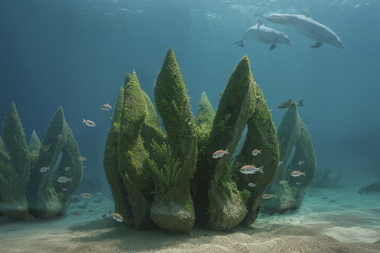 Rendering of the Nereid artificial reef system showing its computational design and porous structure.