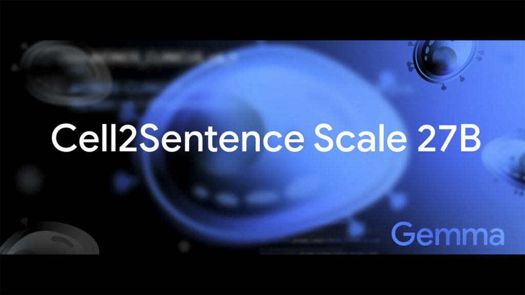 Visualizing the intersection of cellular biology and artificial intelligence. Cell2Sentence Scale 27B leverages large language models to decode complex cellular interactions and accelerate therapeutic research. Powered by Gemma.